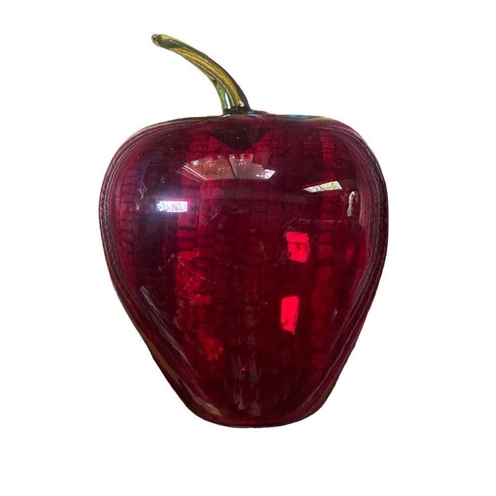 Vintage Viking Rainbow Ruby glass LARGE JUMBO APPLE paperweight MCM green stem